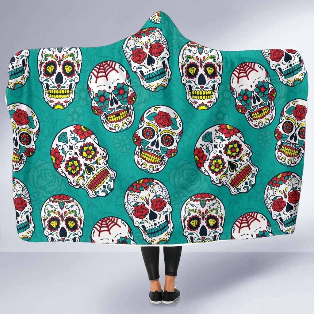 Girly Floral Rose Sugar Skull Skeleton Pattern Print Hooded Blanket-grizzshop