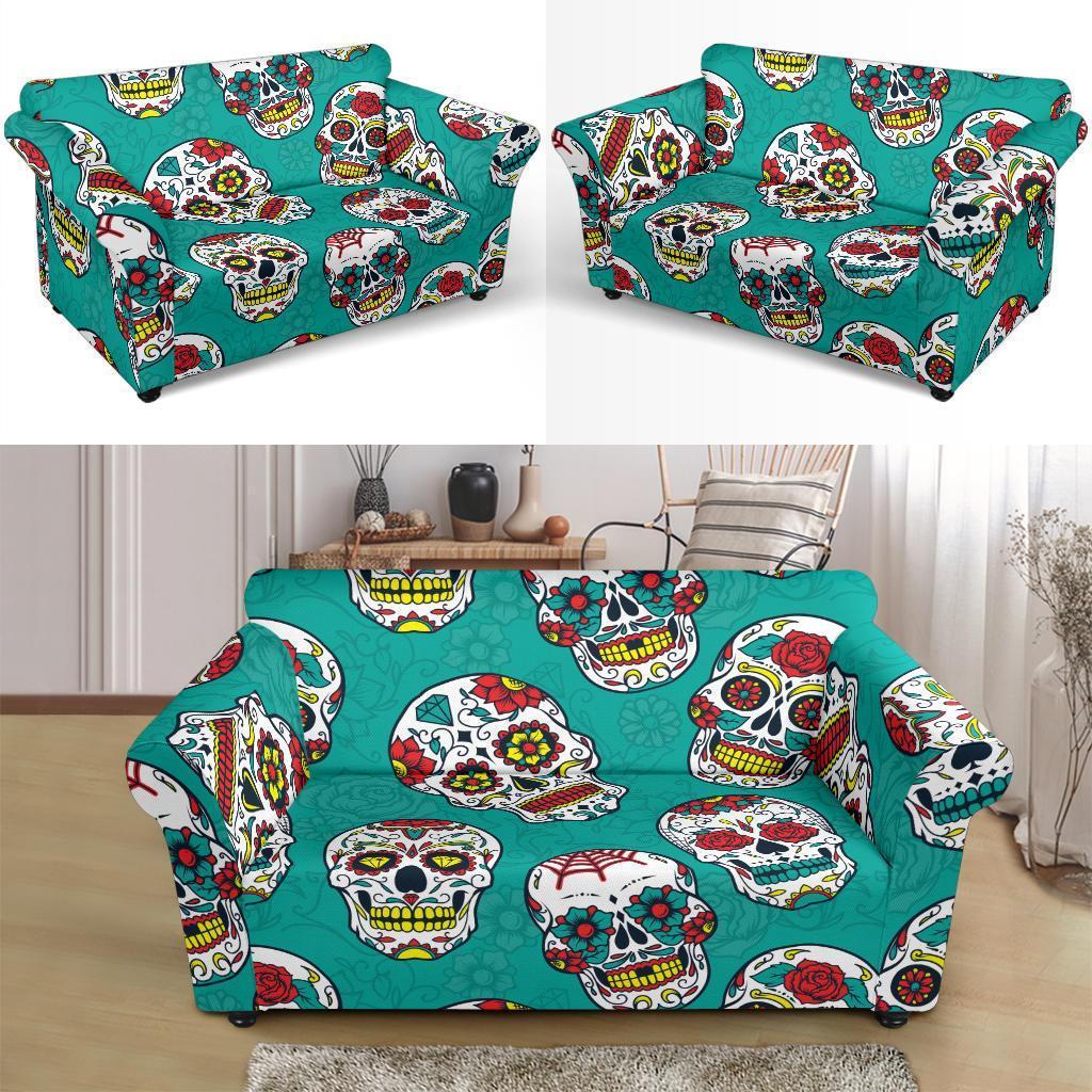 Girly Floral Rose Sugar Skull Skeleton Pattern Print Loveseat Cover-grizzshop