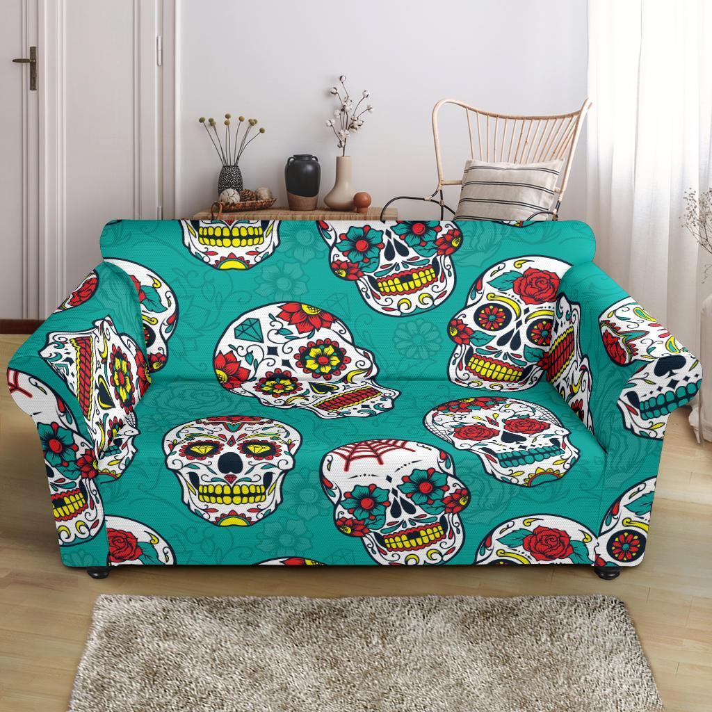 Girly Floral Rose Sugar Skull Skeleton Pattern Print Loveseat Cover-grizzshop