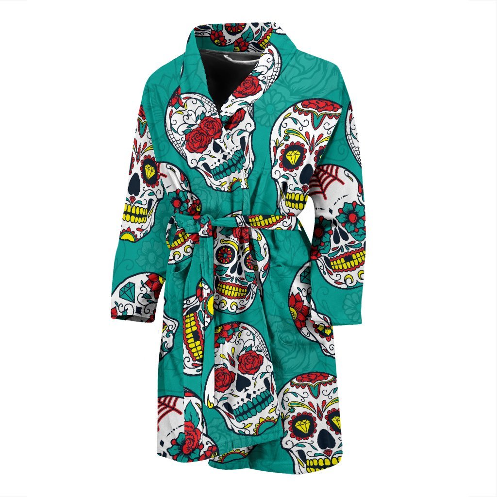 Girly Floral Rose Sugar Skull Skeleton Pattern Print Men Long Robe-grizzshop