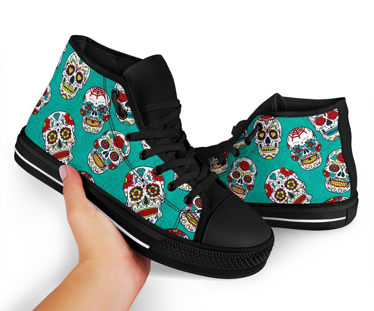 Girly Floral Rose Sugar Skull Skeleton Pattern Print Men Women's High Top Shoes-grizzshop