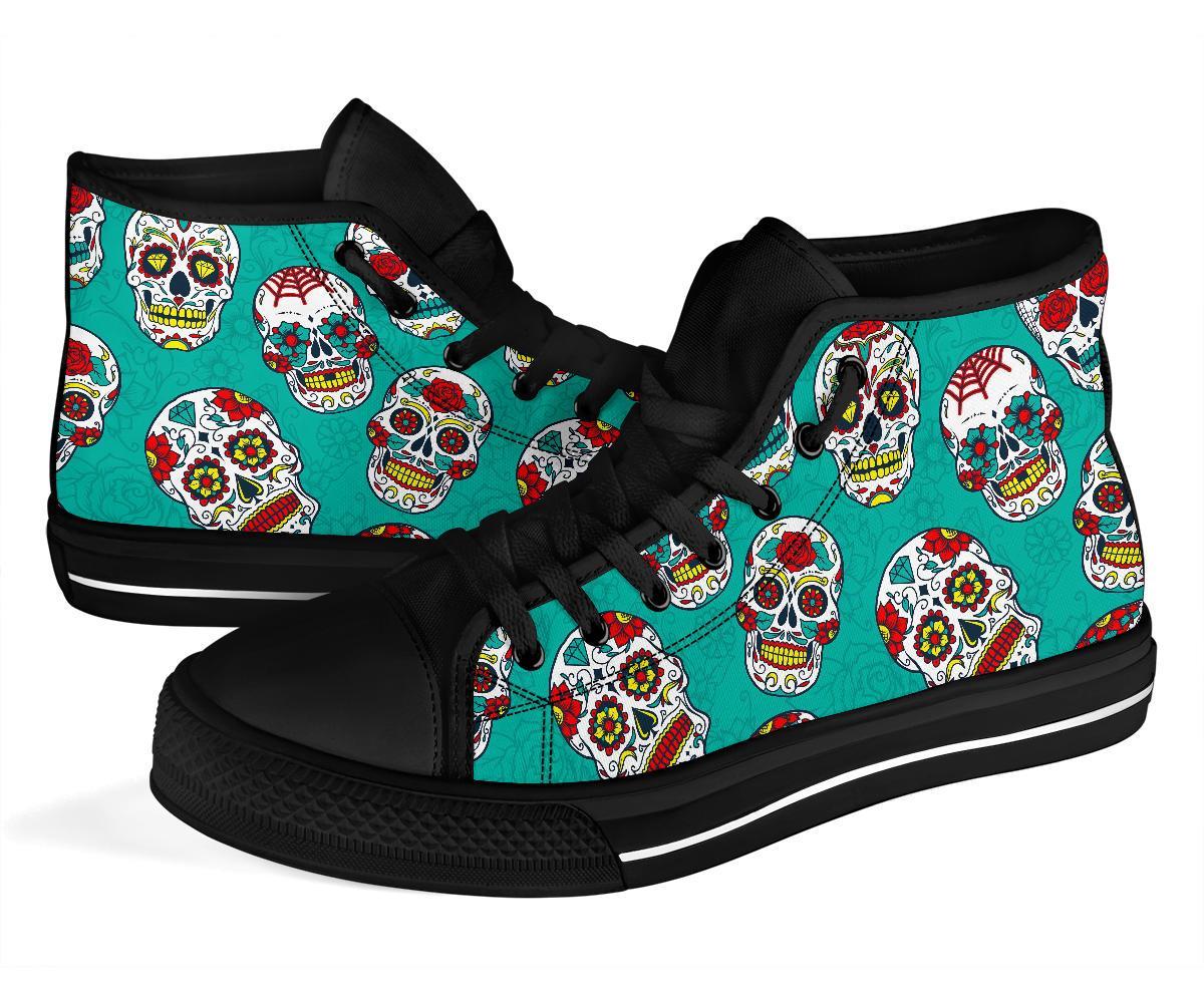 Girly Floral Rose Sugar Skull Skeleton Pattern Print Men Women's High Top Shoes-grizzshop