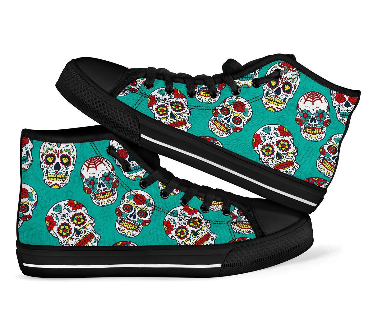 Girly Floral Rose Sugar Skull Skeleton Pattern Print Men Women's High Top Shoes-grizzshop