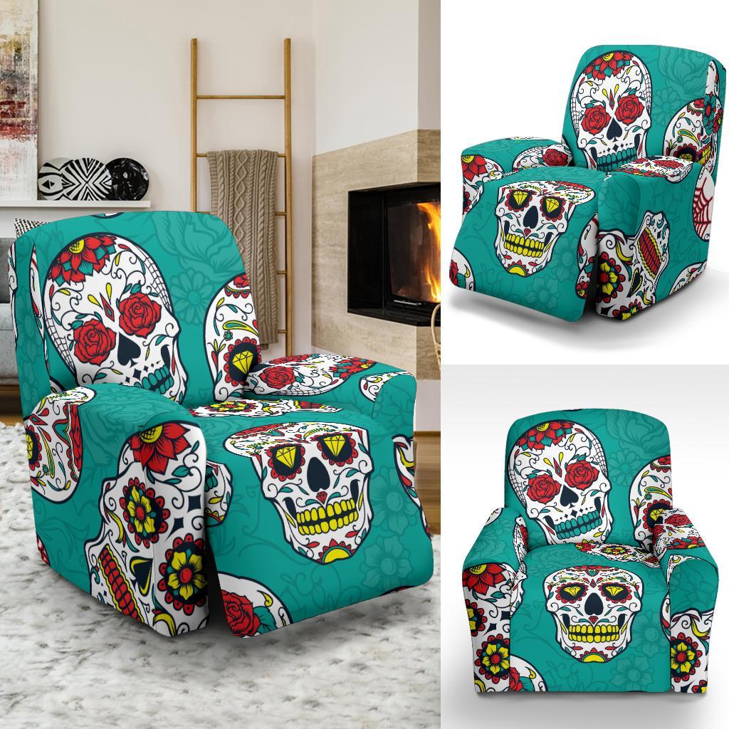 Girly Floral Rose Sugar Skull Skeleton Pattern Print Recliner Cover-grizzshop