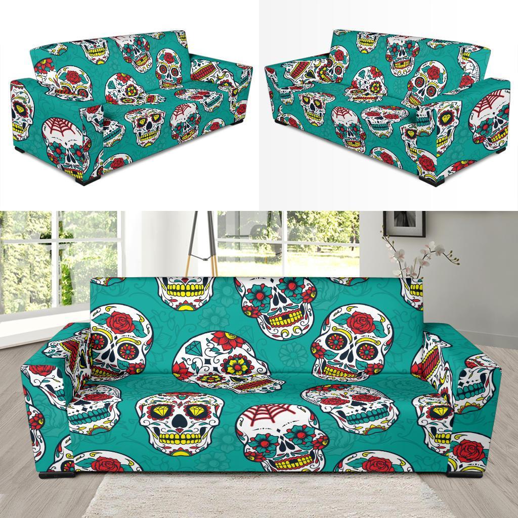 Girly Floral Rose Sugar Skull Skeleton Pattern Print Sofa Covers-grizzshop