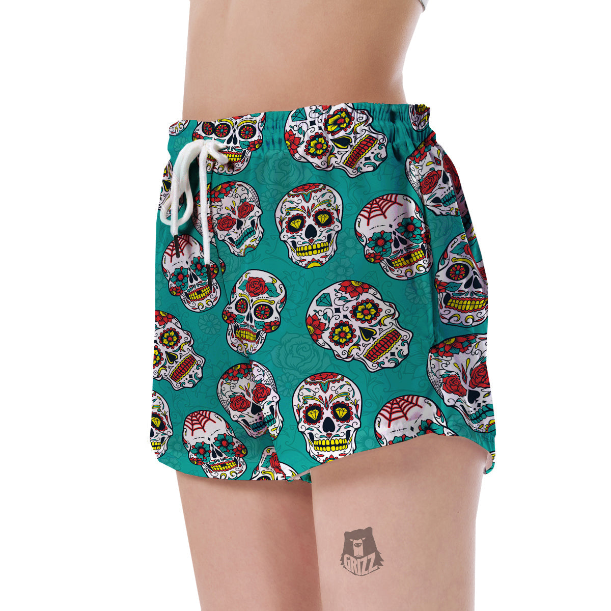 Girly Floral Rose Sugar Skull Skeleton Pattern Print Women's Shorts-grizzshop