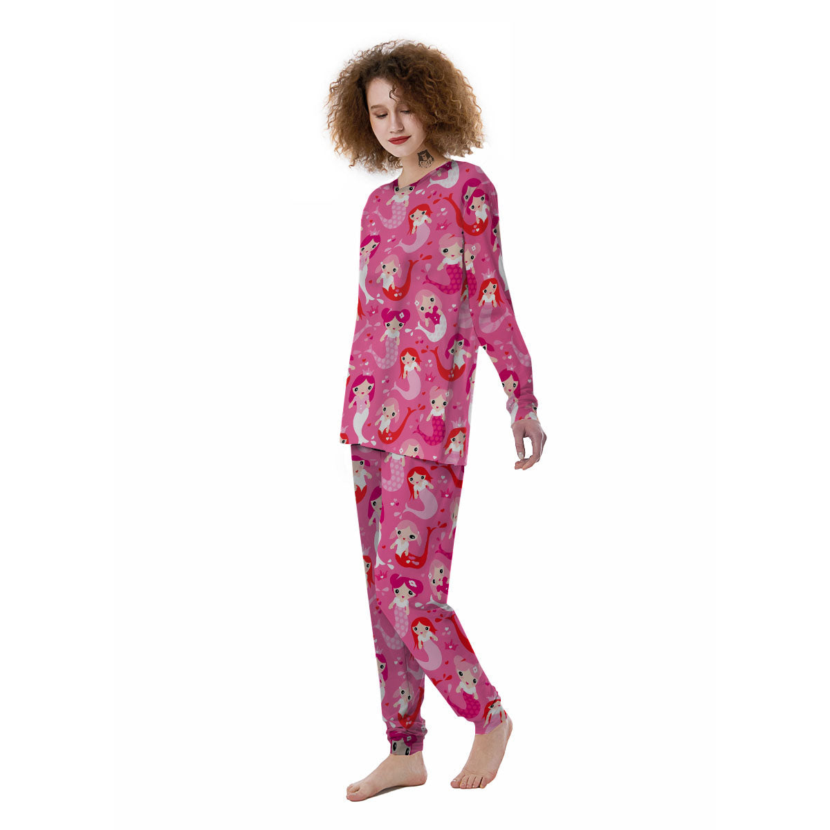 Girly Mermaid Pink Print Pattern Women's Pajamas-grizzshop