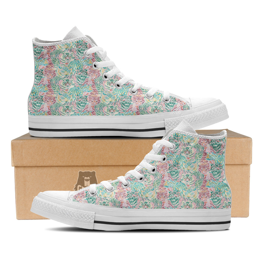 Girly Tigers Pastel Print Pattern White High Top Shoes-grizzshop