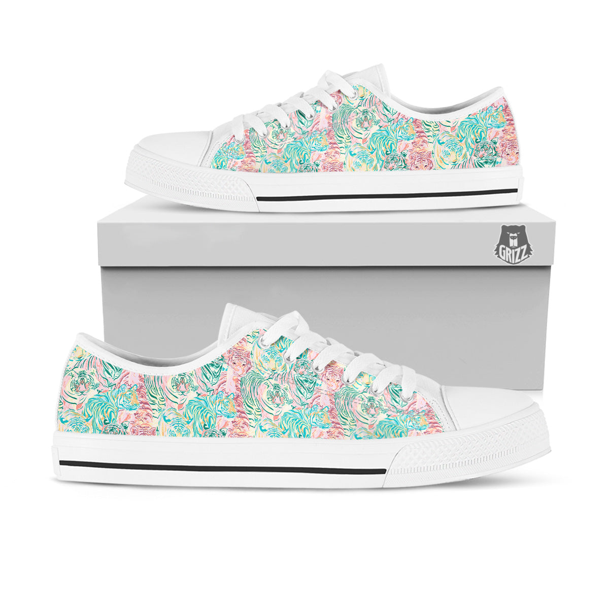 Girly Tigers Pastel Print Pattern White Low Top Shoes-grizzshop
