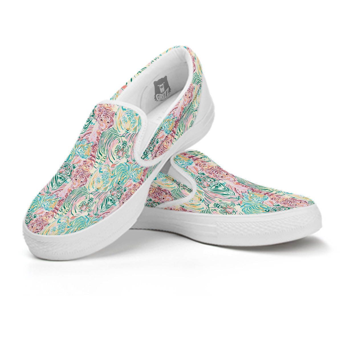 Girly Tigers Pastel Print Pattern White Slip On Shoes-grizzshop