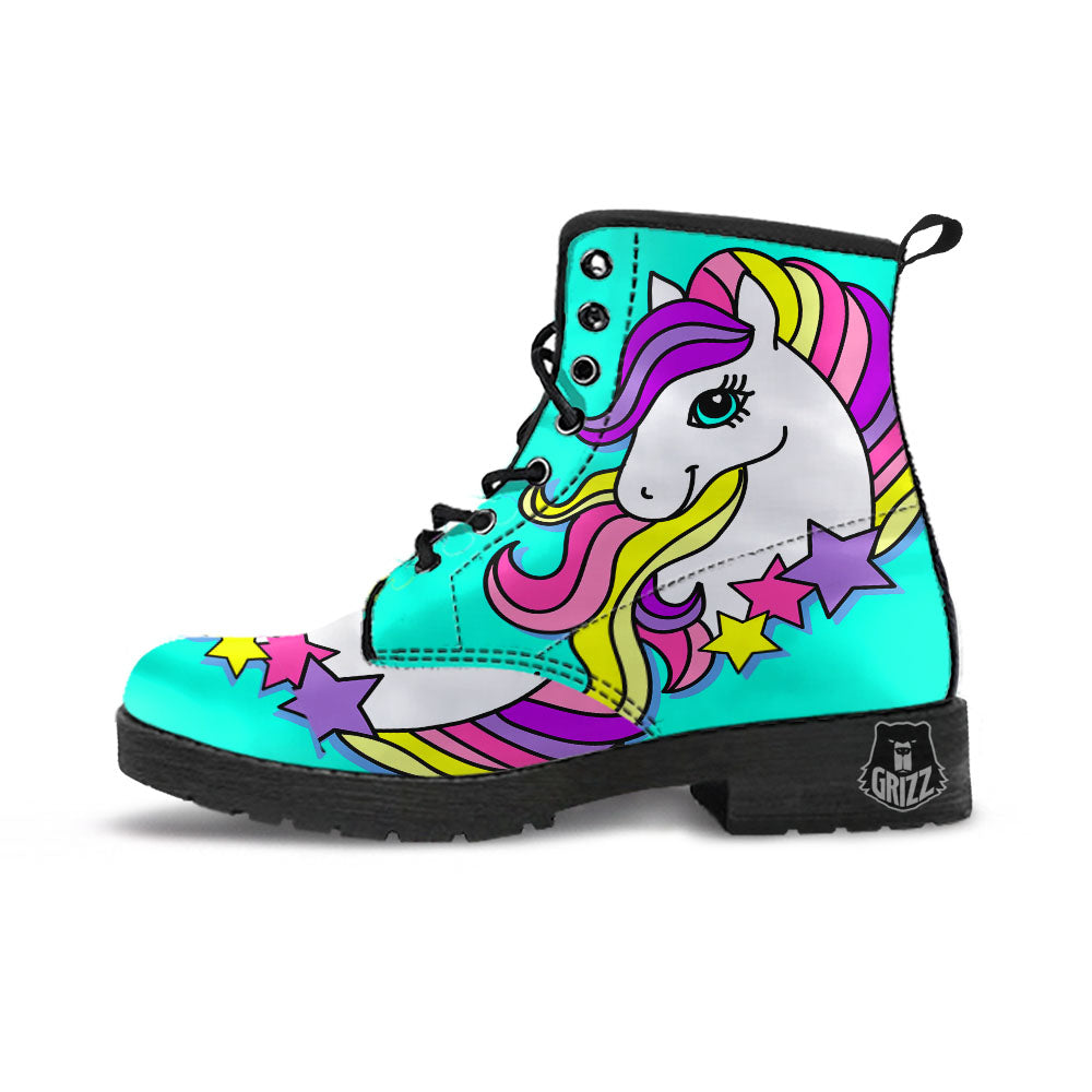 Girly Unicorn Teal Print Leather Boots-grizzshop
