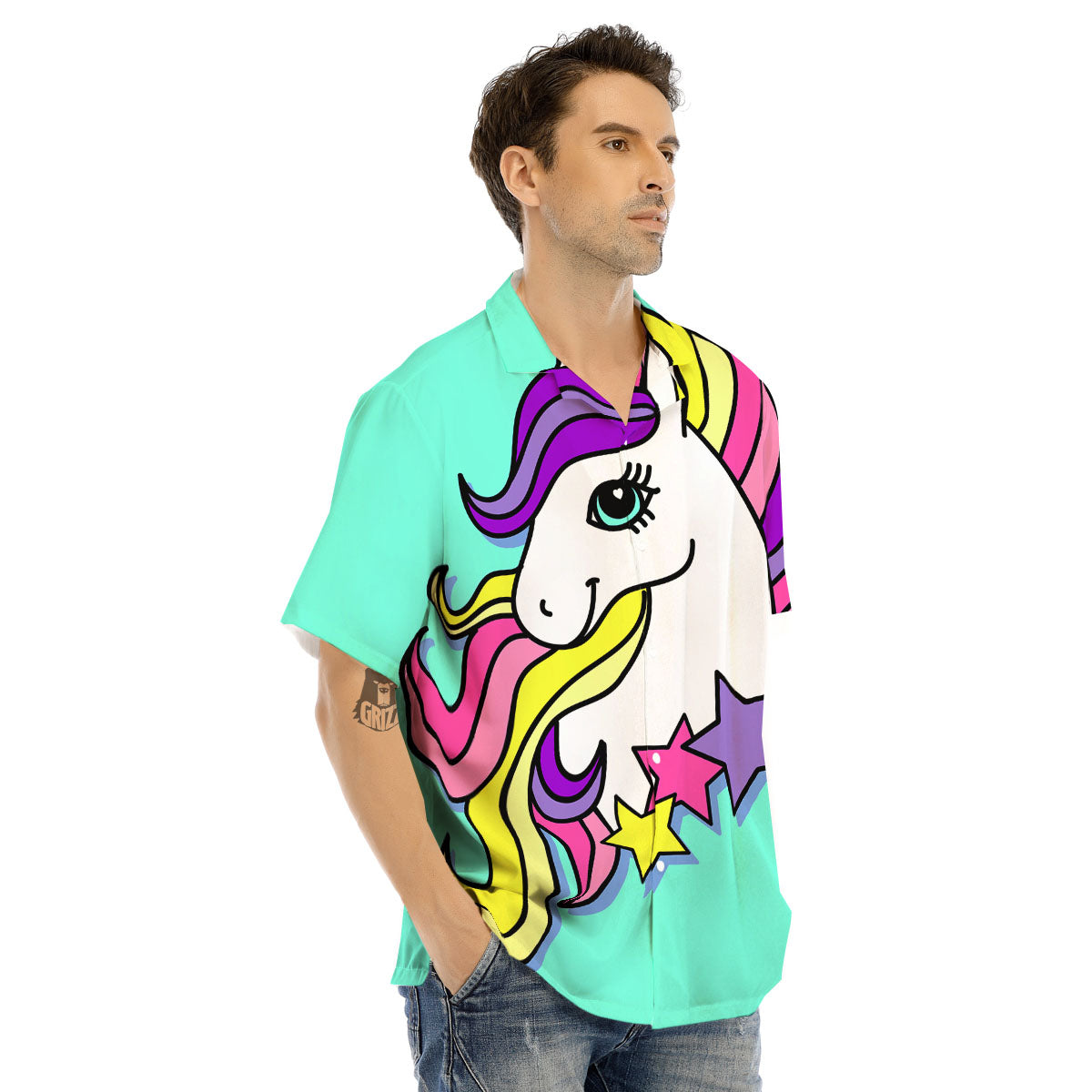 Girly Unicorn Teal Print Men's Hawaiian Shirt-grizzshop