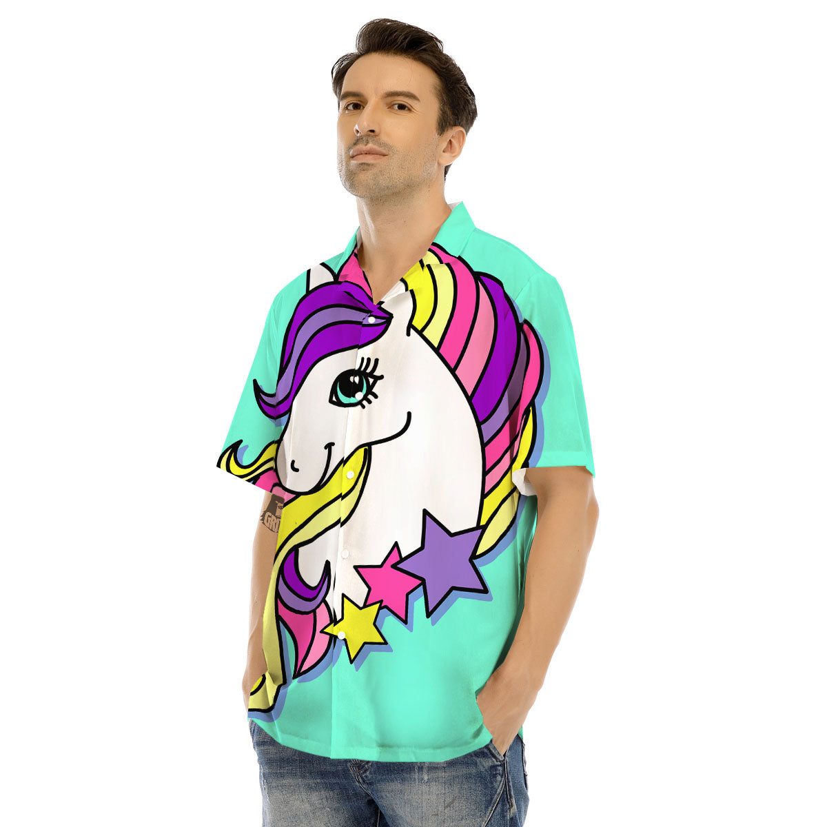 Girly Unicorn Teal Print Men's Hawaiian Shirt-grizzshop