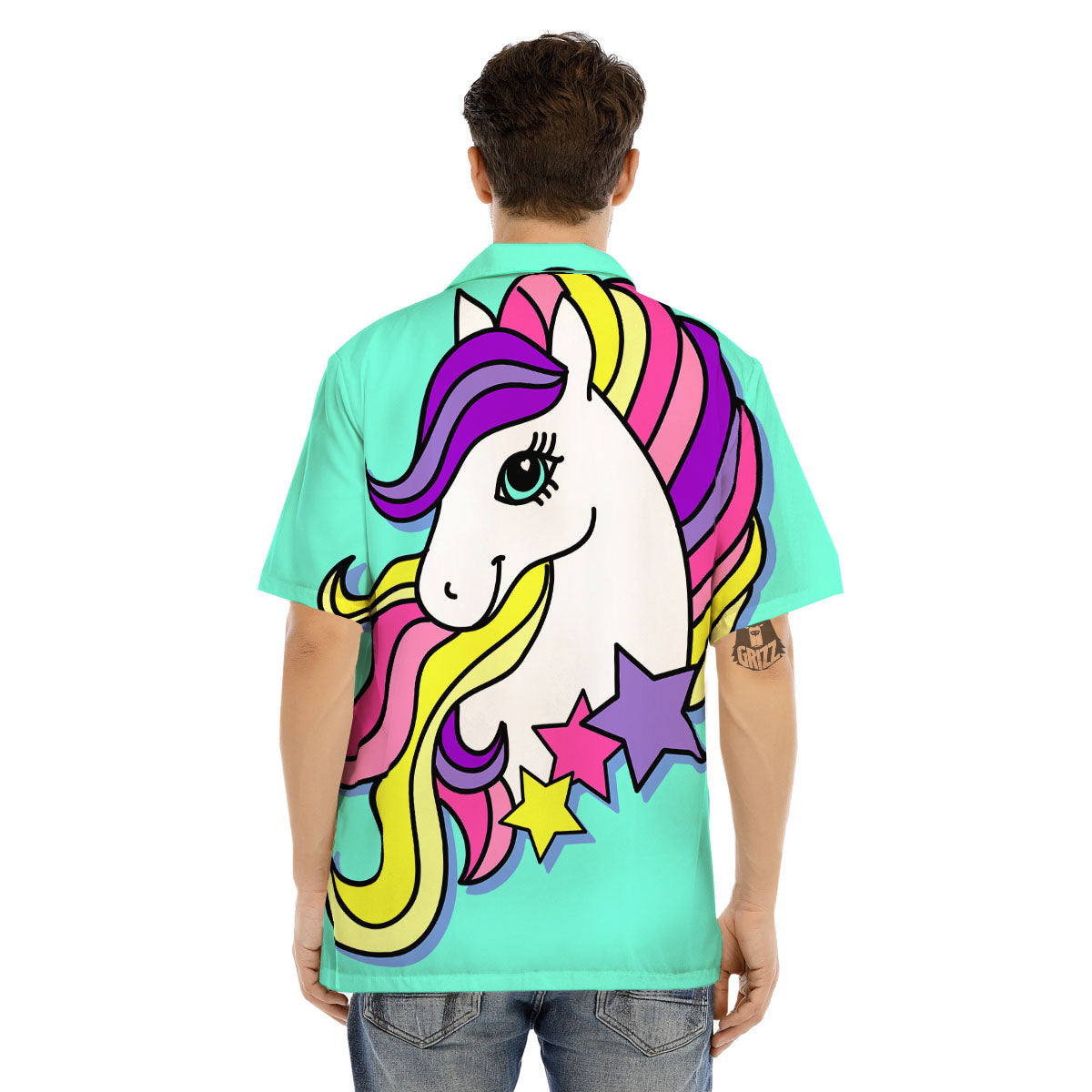 Girly Unicorn Teal Print Men's Hawaiian Shirt-grizzshop