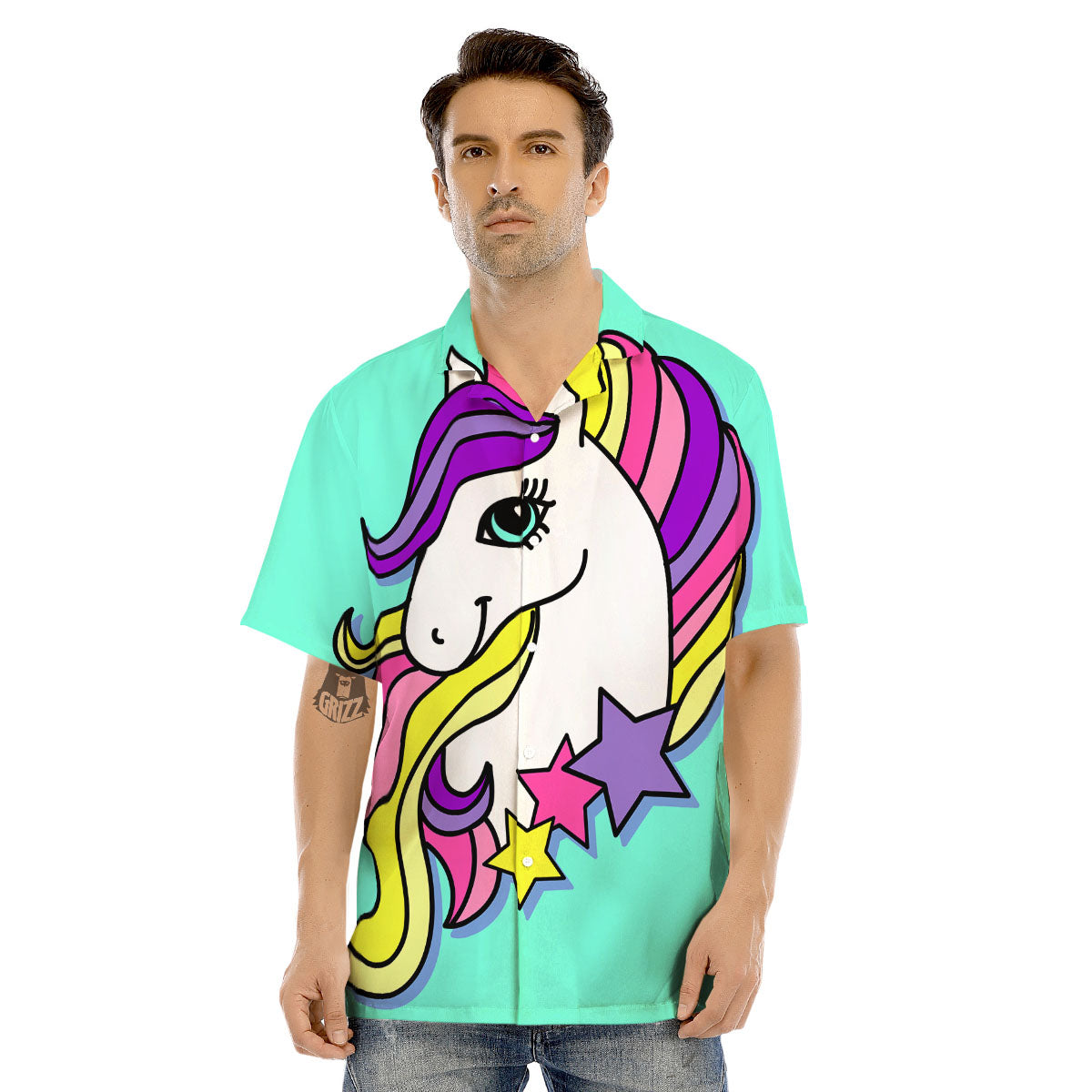 Girly Unicorn Teal Print Men's Hawaiian Shirt-grizzshop