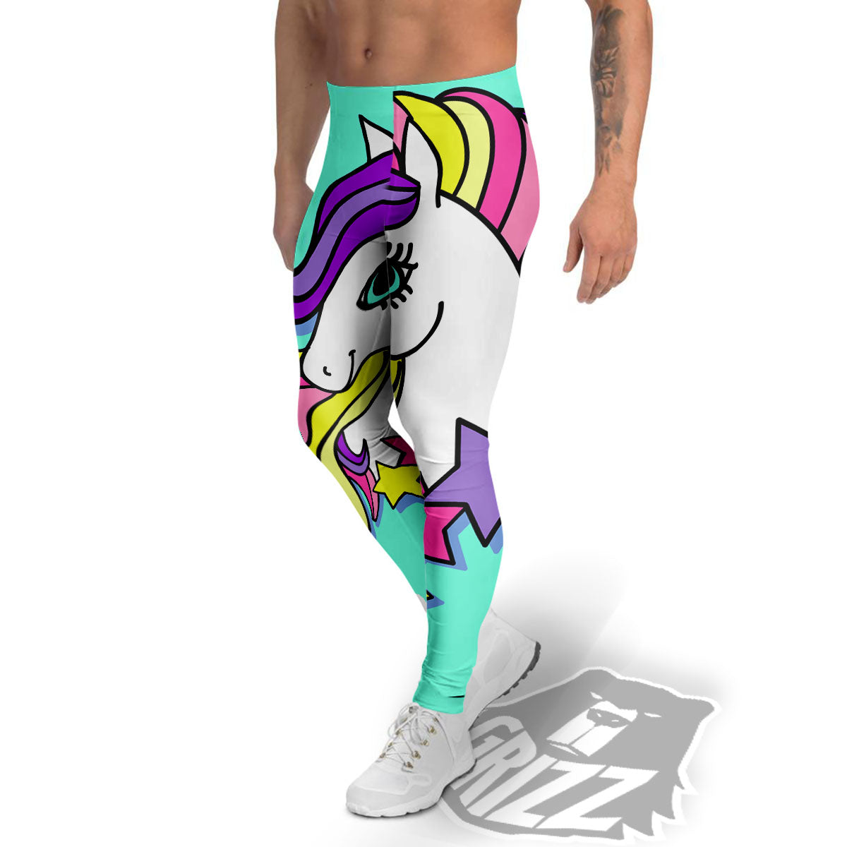 Girly Unicorn Teal Print Men's Leggings-grizzshop