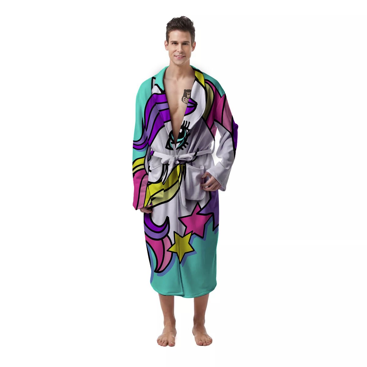 Girly Unicorn Teal Print Men's Robe-grizzshop