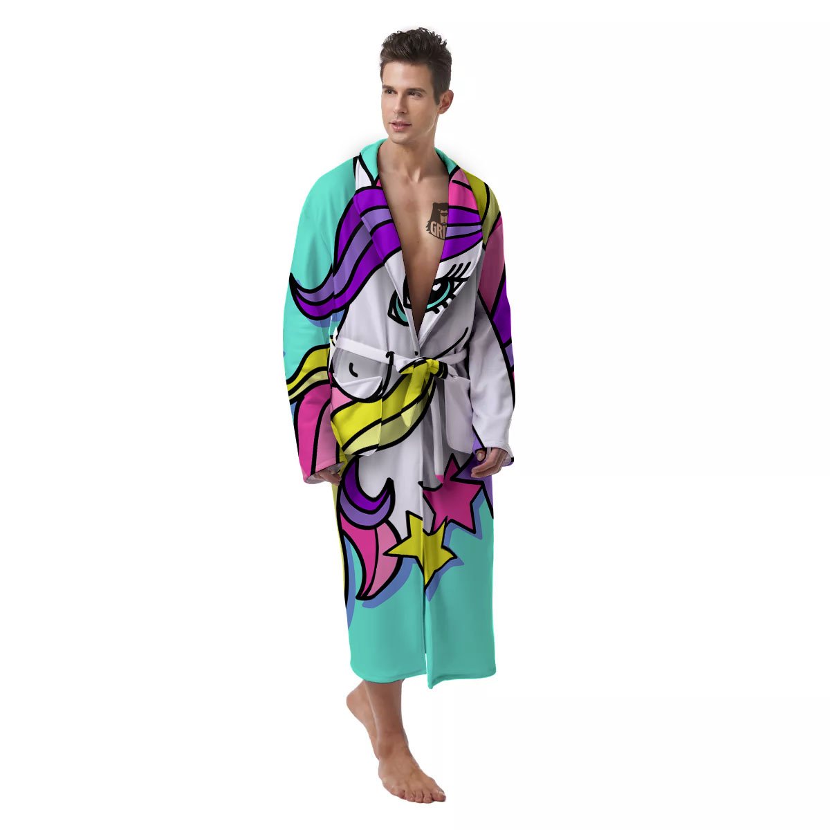 Girly Unicorn Teal Print Men's Robe-grizzshop