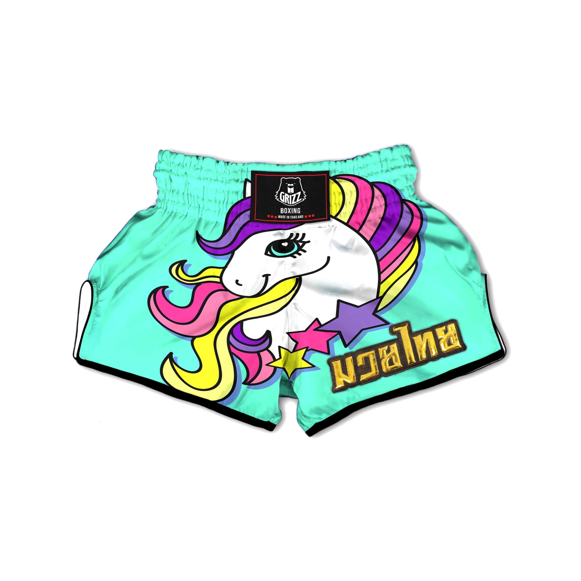 Girly Unicorn Teal Print Muay Thai Boxing Shorts-grizzshop