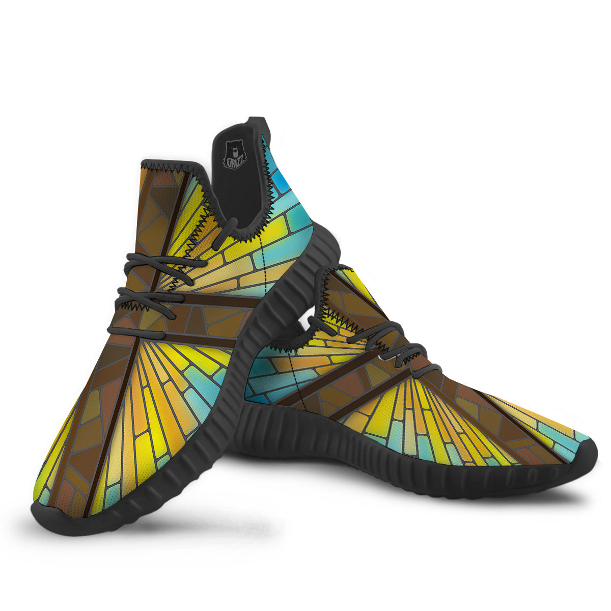 Glass Cross Blue Stained Print Black Walking Shoes-grizzshop