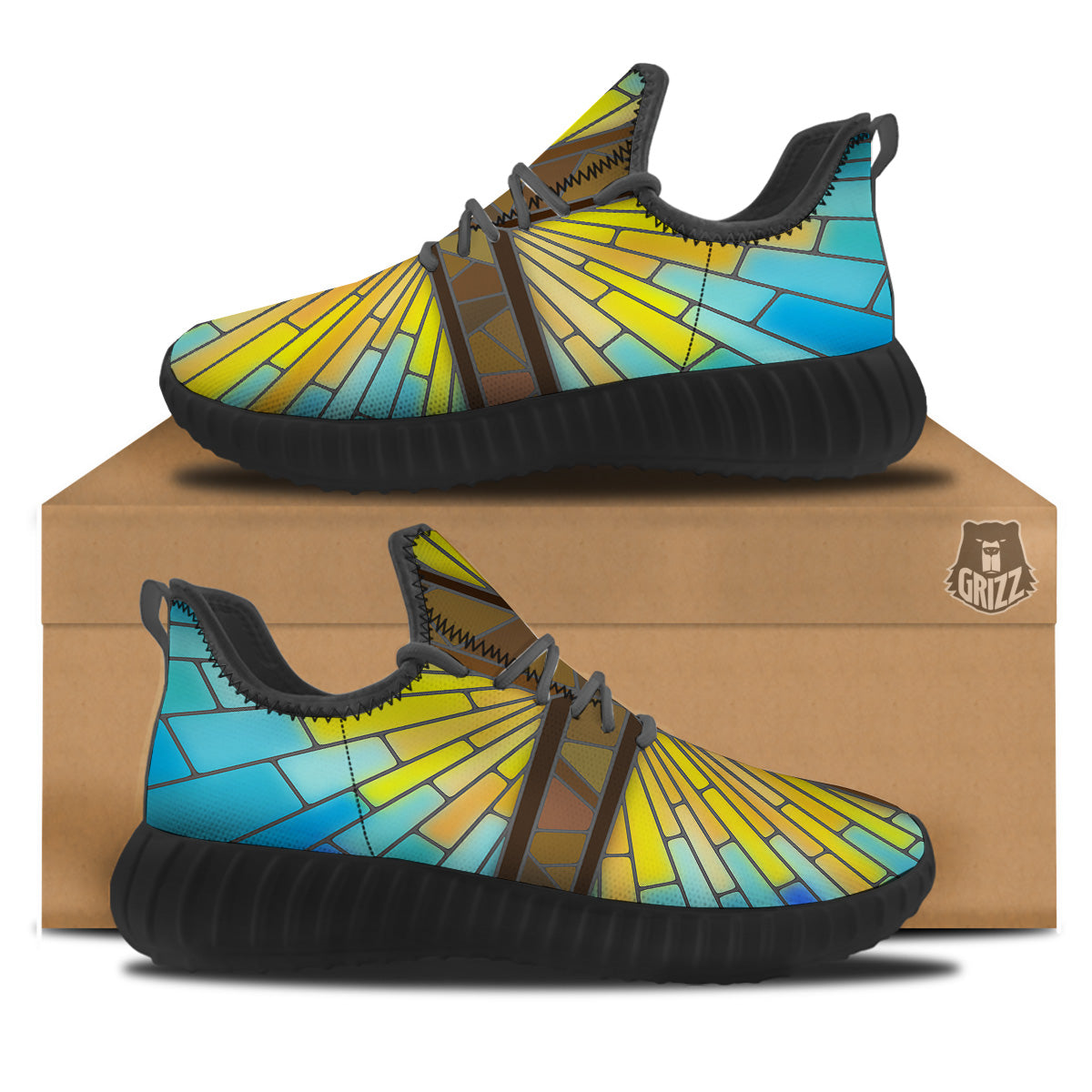 Glass Cross Blue Stained Print Black Walking Shoes-grizzshop