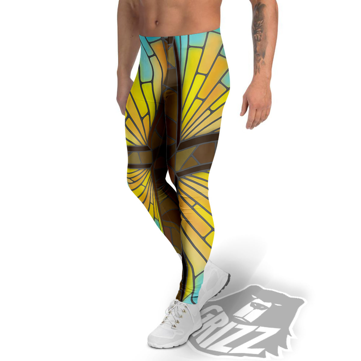 Glass Cross Blue Stained Print Men's Leggings-grizzshop