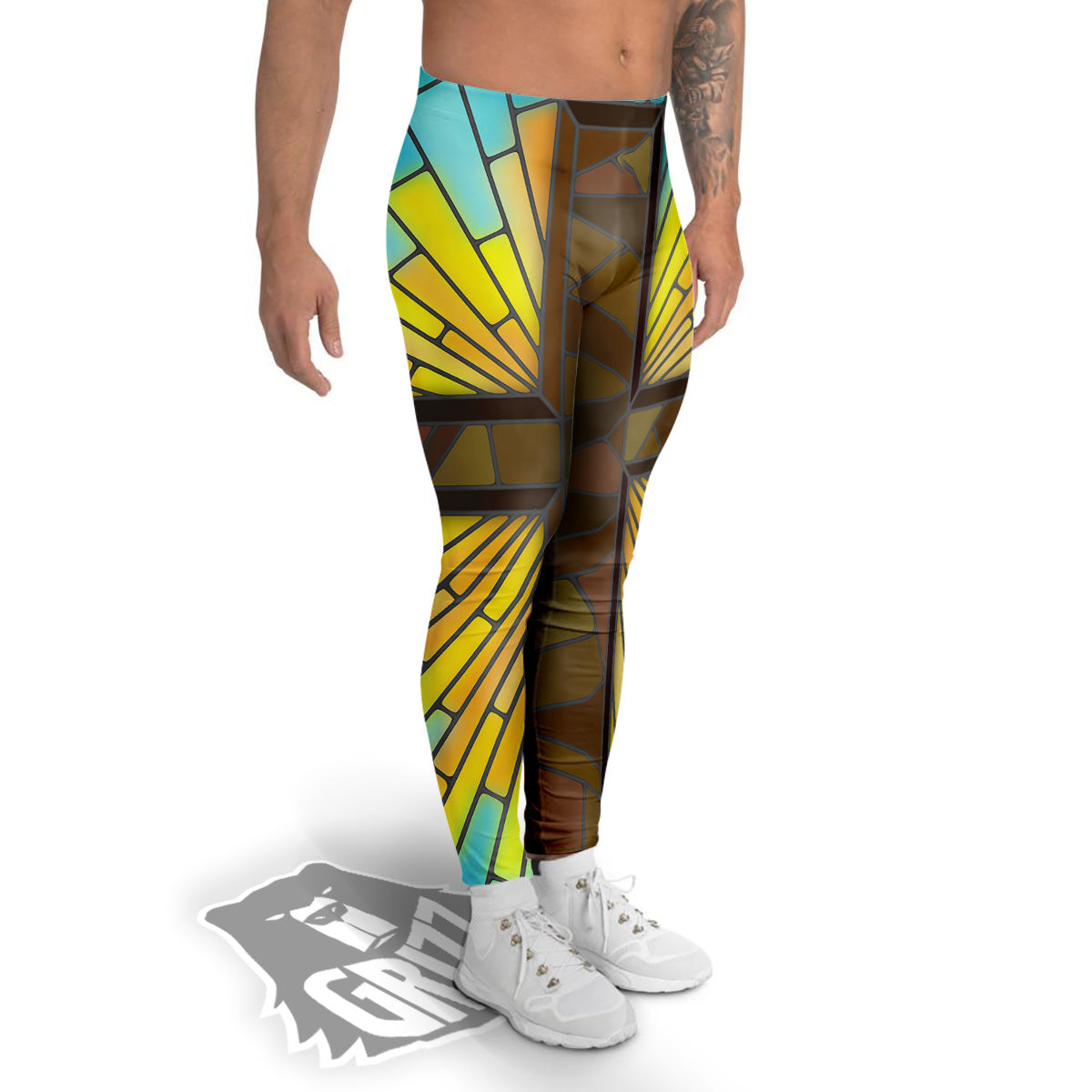 Glass Cross Blue Stained Print Men's Leggings-grizzshop