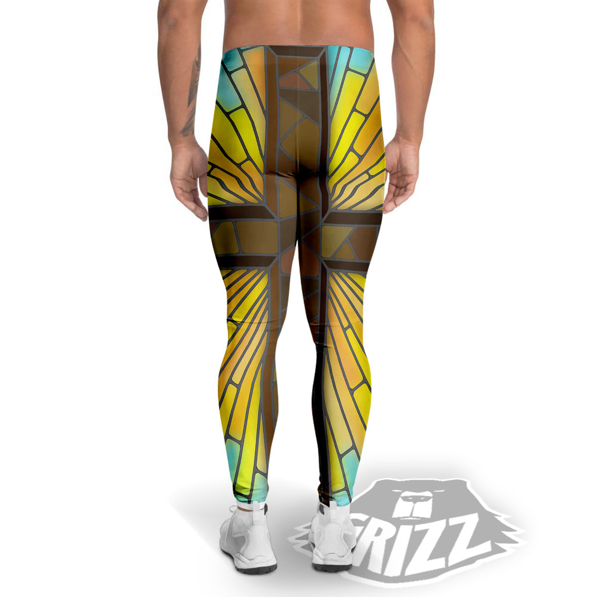 Glass Cross Blue Stained Print Men's Leggings-grizzshop