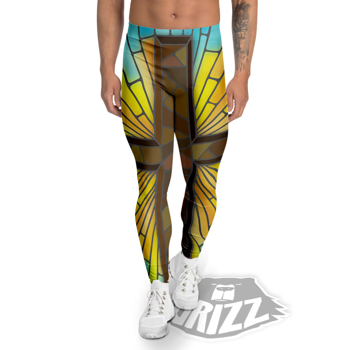 Glass Cross Blue Stained Print Men's Leggings-grizzshop