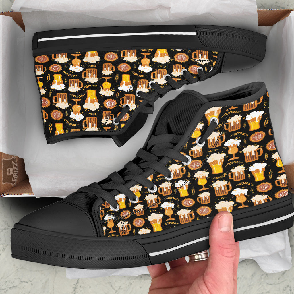 Glasses Of Beer Vintage Print Pattern Black High Top Shoes-grizzshop