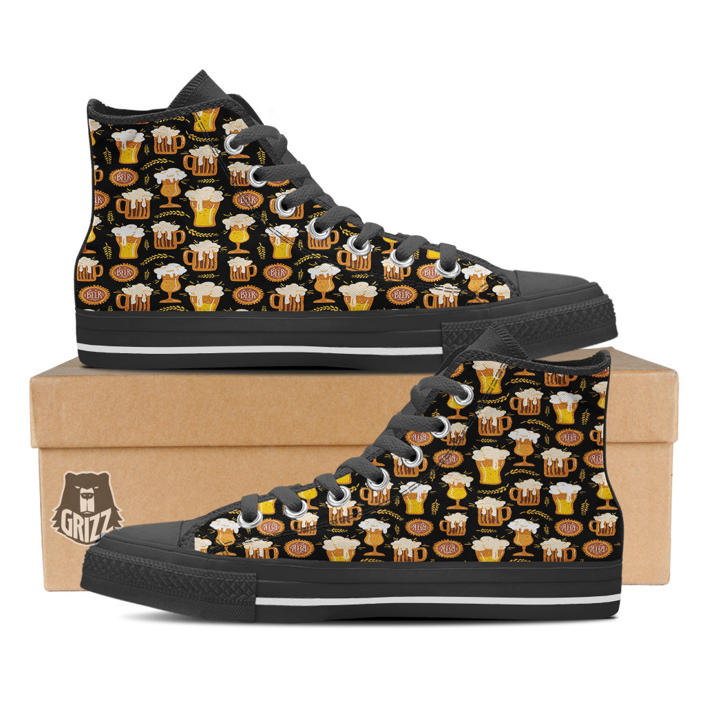 Glasses Of Beer Vintage Print Pattern Black High Top Shoes-grizzshop