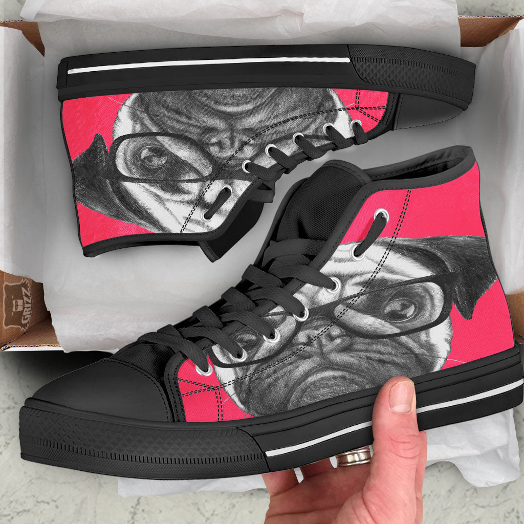 Glasses Pug Portrait Print Black High Top Shoes-grizzshop
