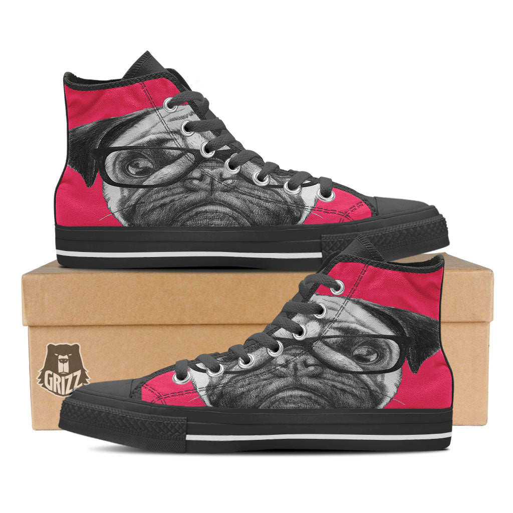 Glasses Pug Portrait Print Black High Top Shoes-grizzshop