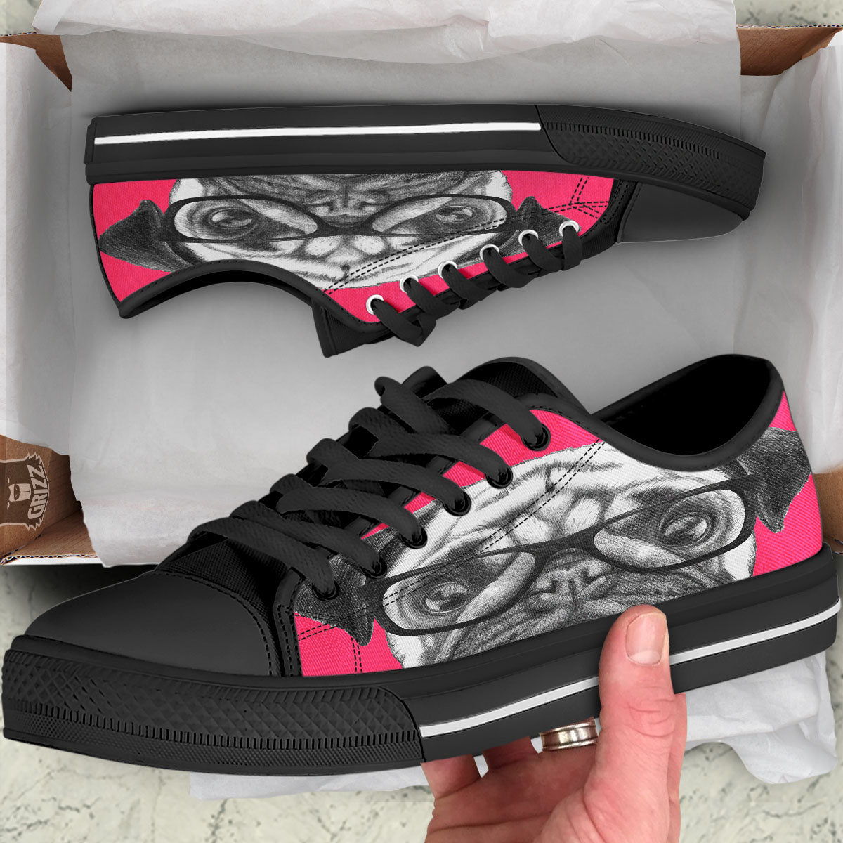 Glasses Pug Portrait Print Black Low Top Shoes-grizzshop