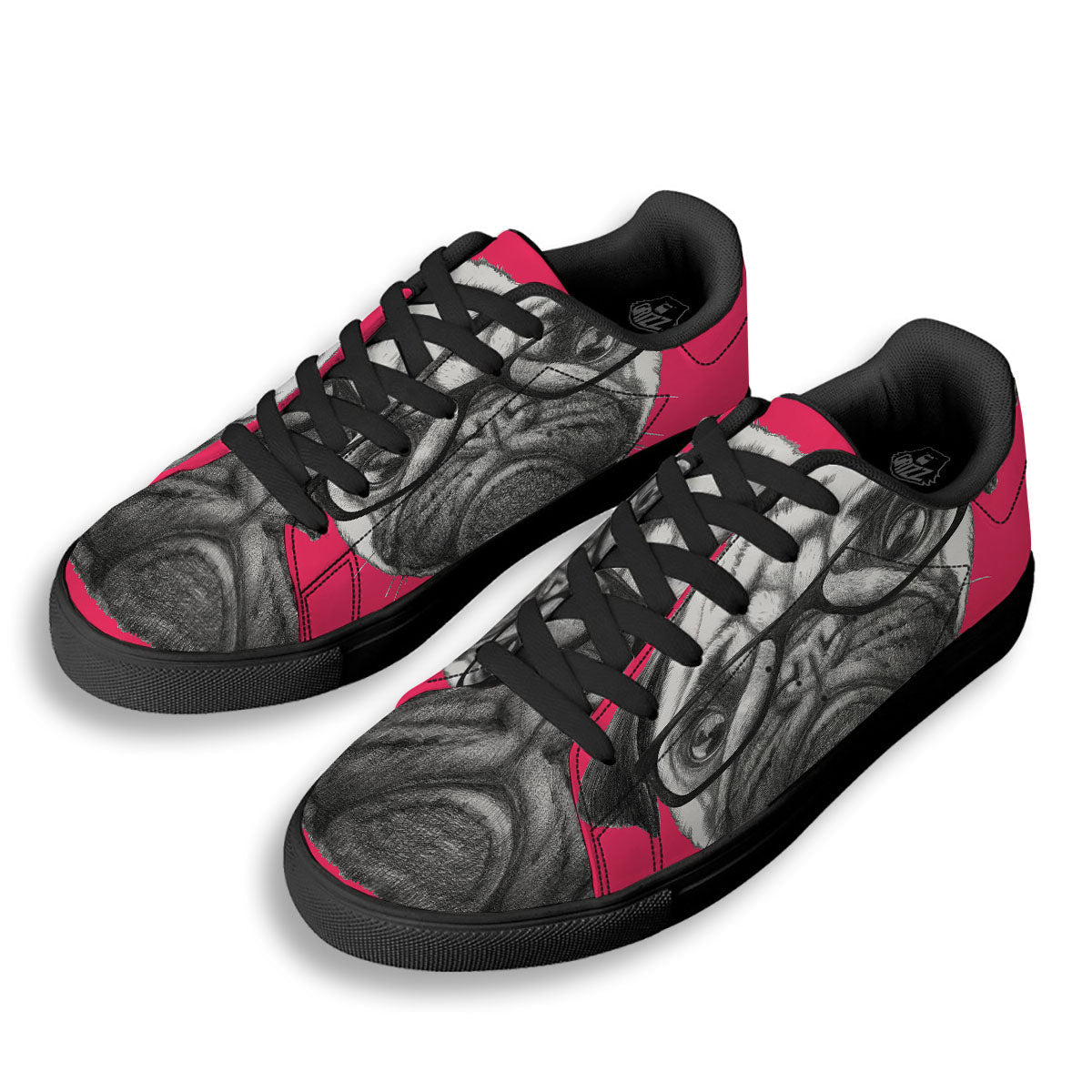 Glasses Pug Portrait Print Black Low Top Sneakers-grizzshop