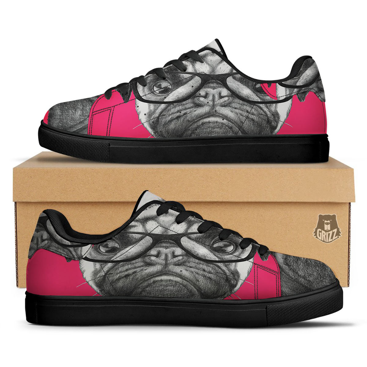 Glasses Pug Portrait Print Black Low Top Sneakers-grizzshop