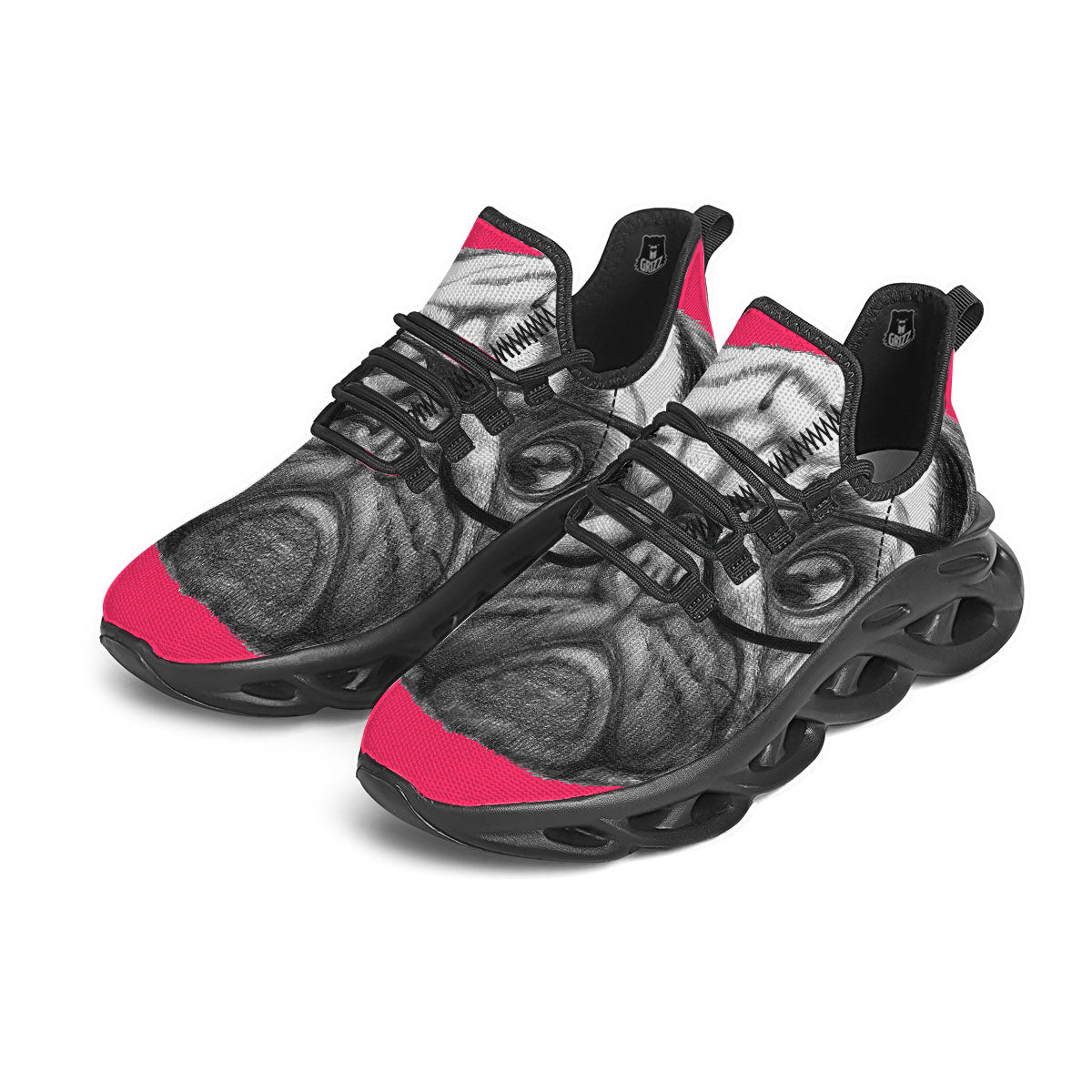 Glasses Pug Portrait Print Black Running Shoes-grizzshop