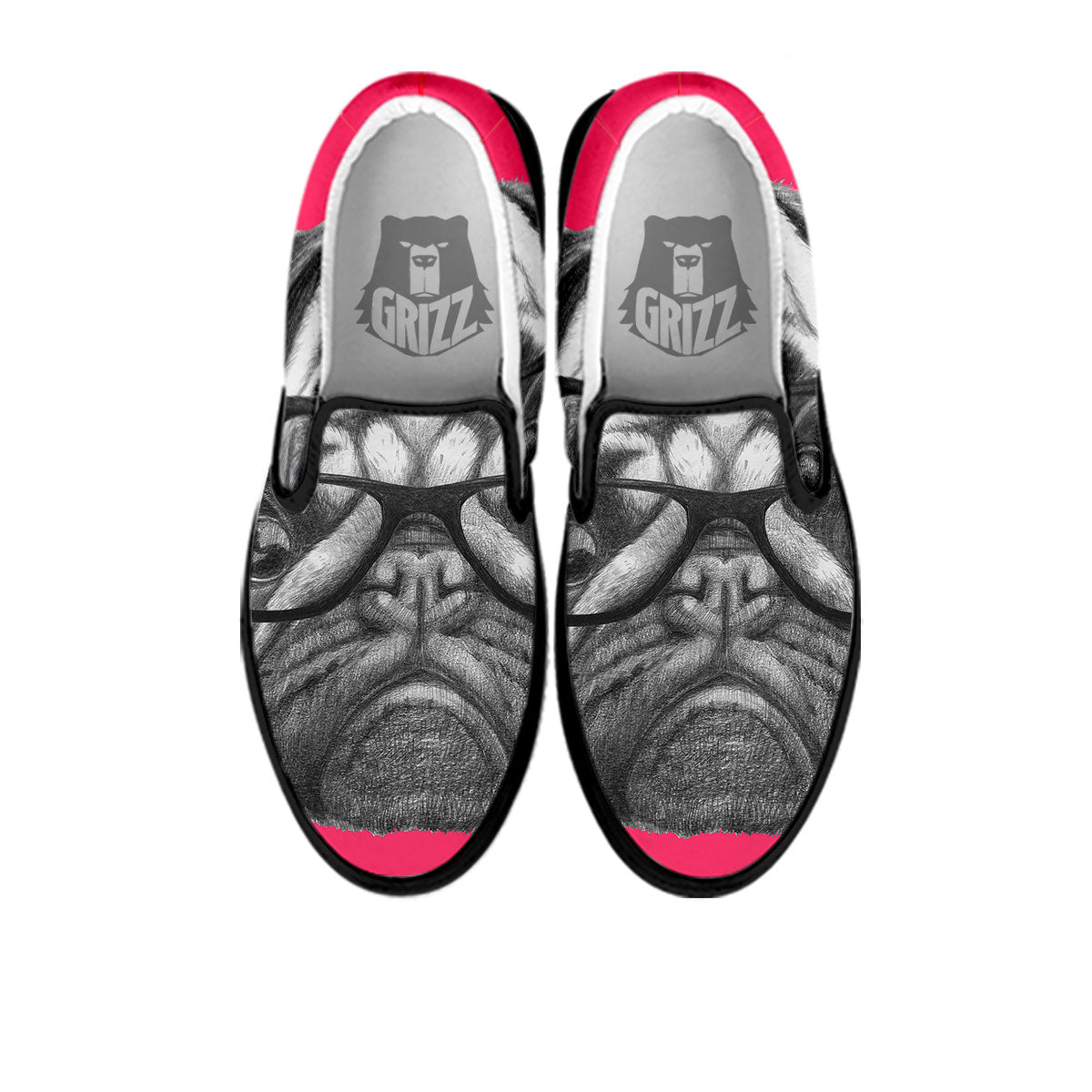 Glasses Pug Portrait Print Black Slip On Shoes-grizzshop