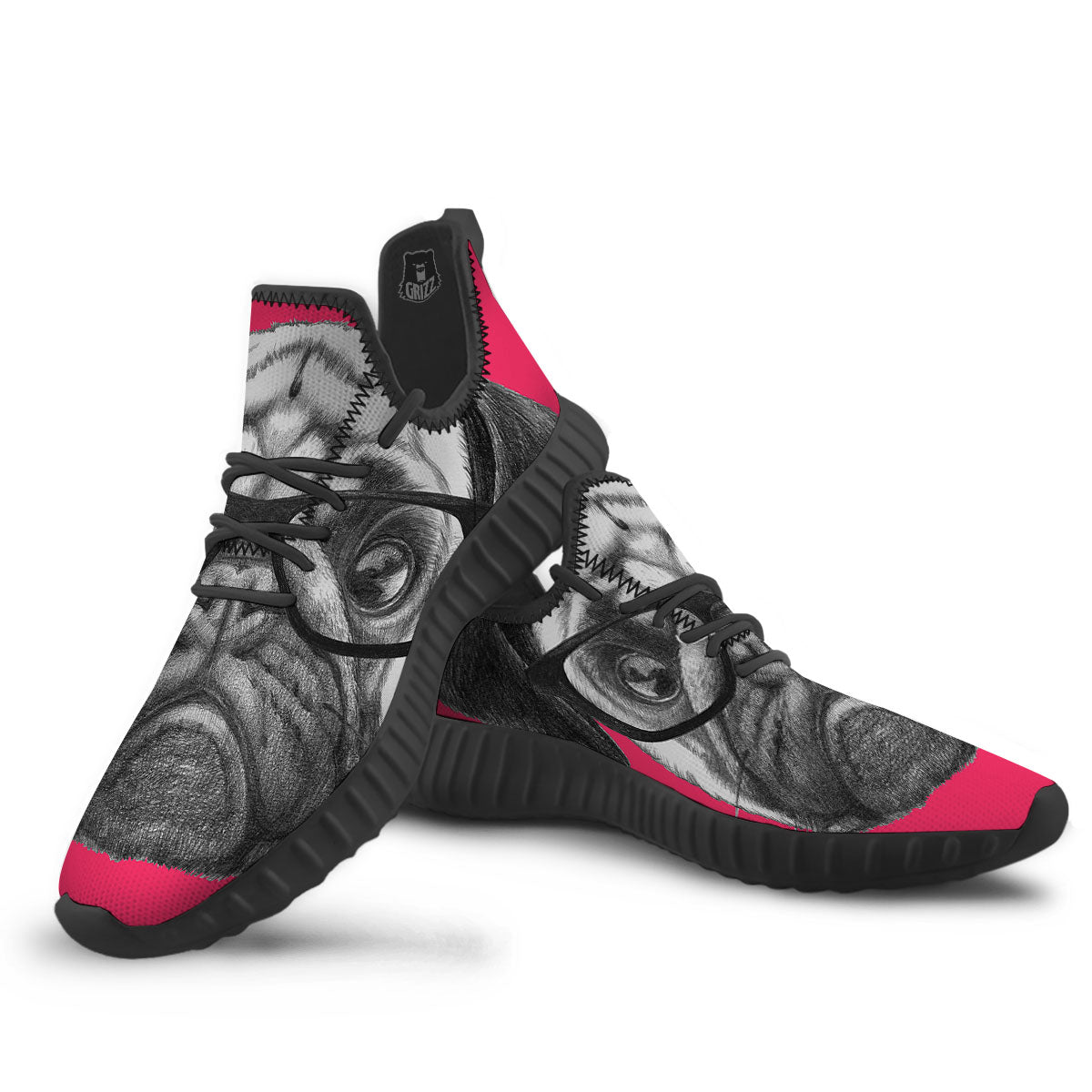 Glasses Pug Portrait Print Black Walking Shoes-grizzshop