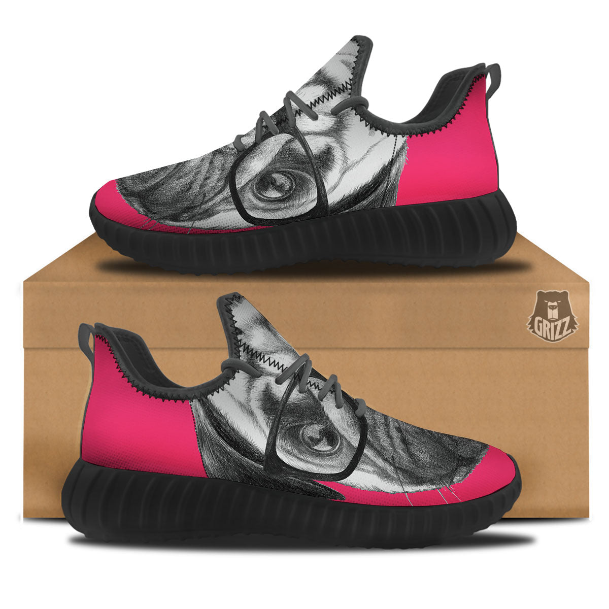 Glasses Pug Portrait Print Black Walking Shoes-grizzshop