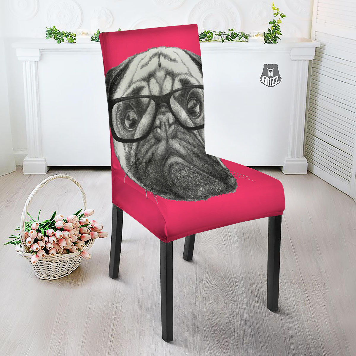 Glasses Pug Portrait Print Dining Chair Slipcover-grizzshop