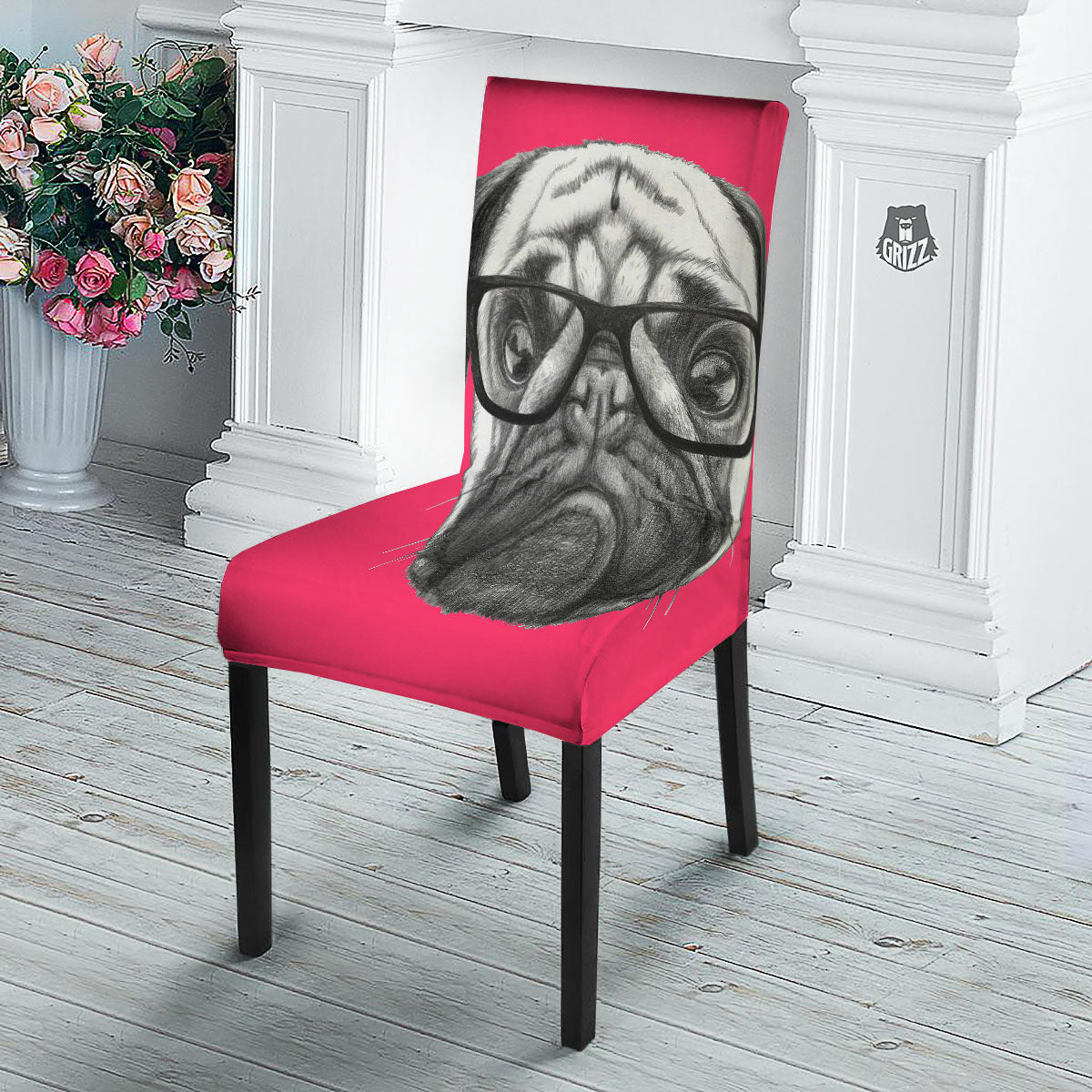 Glasses Pug Portrait Print Dining Chair Slipcover-grizzshop