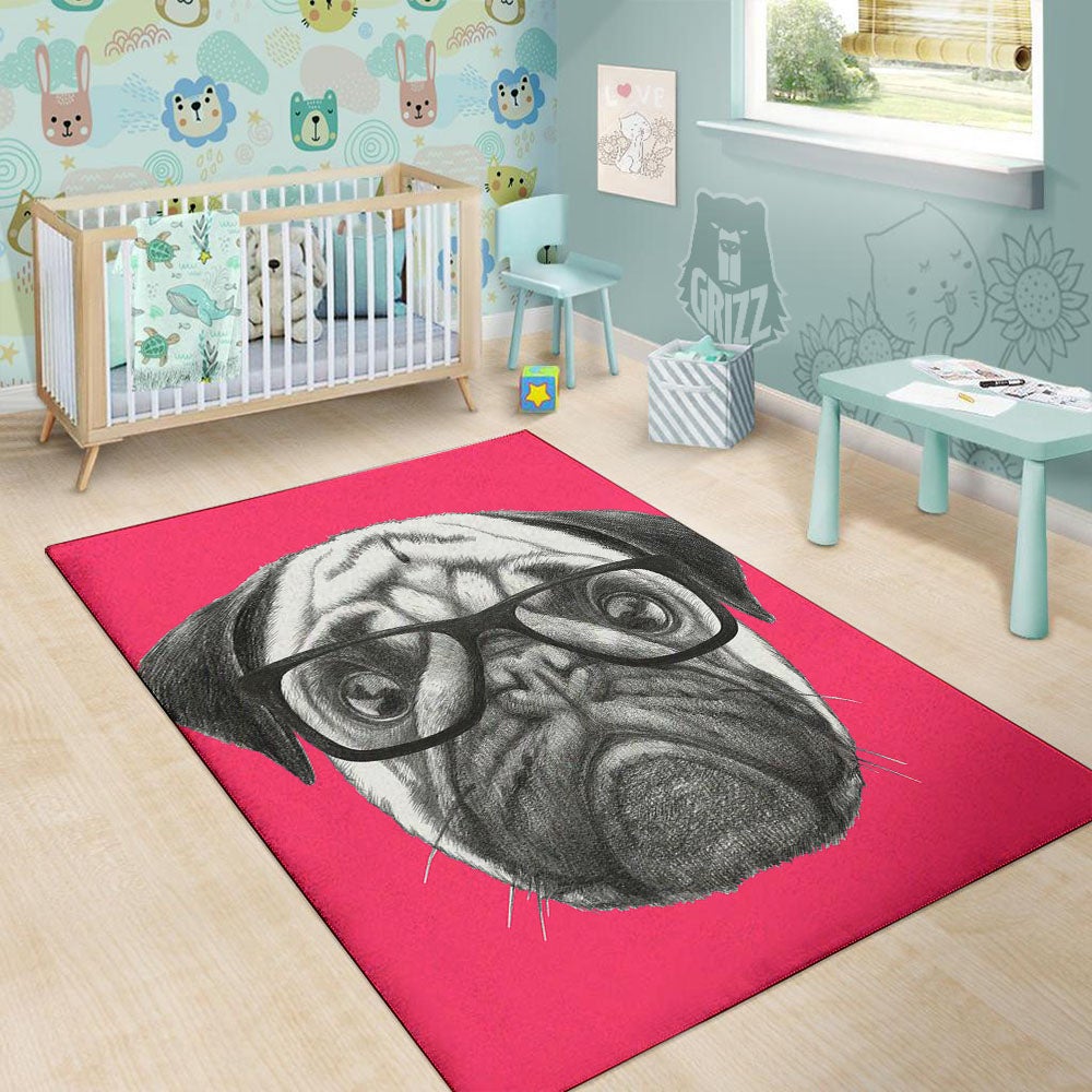 Glasses Pug Portrait Print Floor Mat-grizzshop
