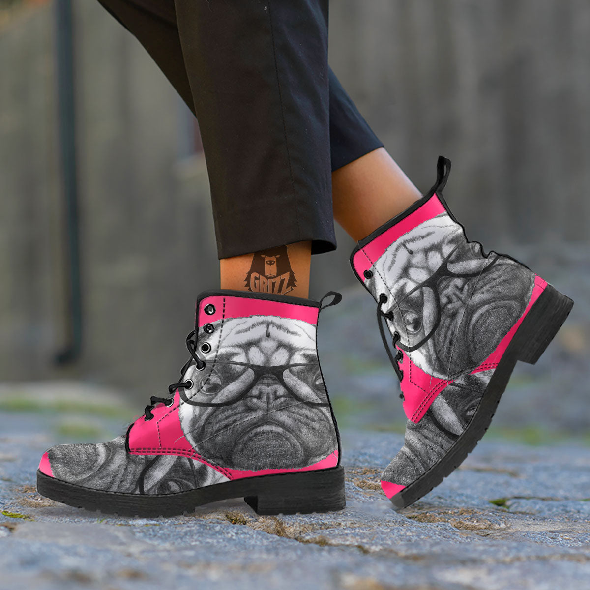 Glasses Pug Portrait Print Leather Boots-grizzshop