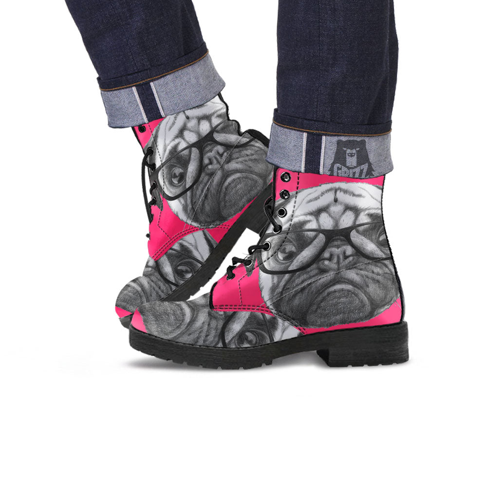 Glasses Pug Portrait Print Leather Boots-grizzshop