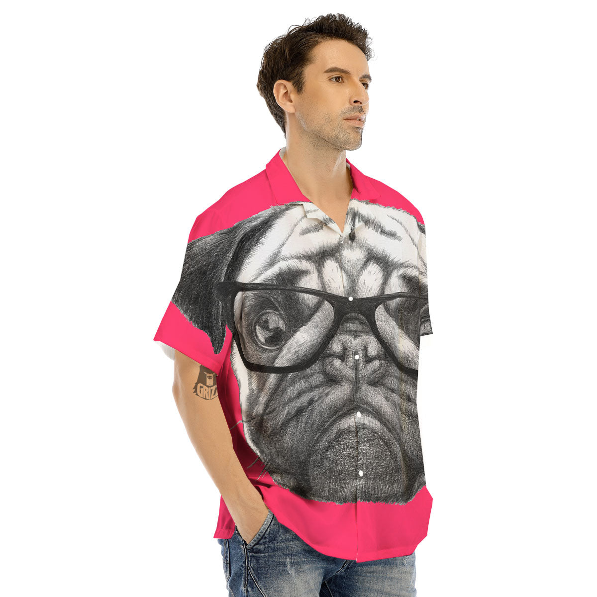 Glasses Pug Portrait Print Men's Hawaiian Shirt-grizzshop