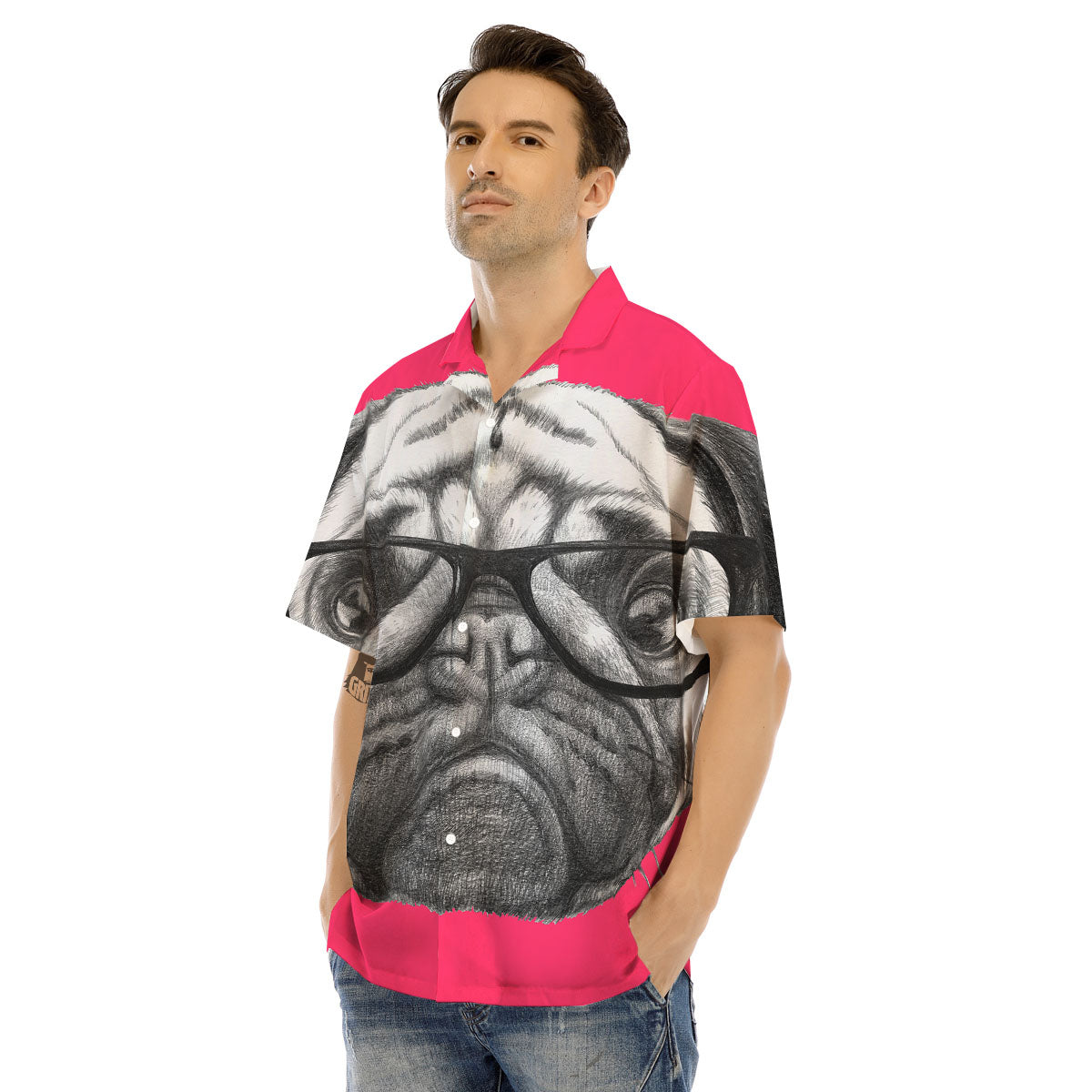 Glasses Pug Portrait Print Men's Hawaiian Shirt-grizzshop