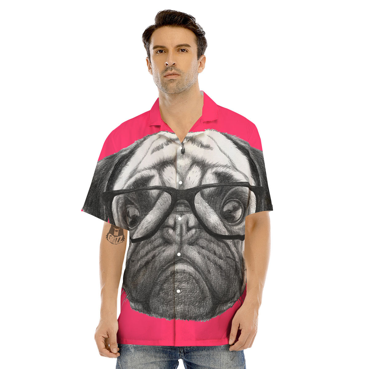 Glasses Pug Portrait Print Men's Hawaiian Shirt-grizzshop