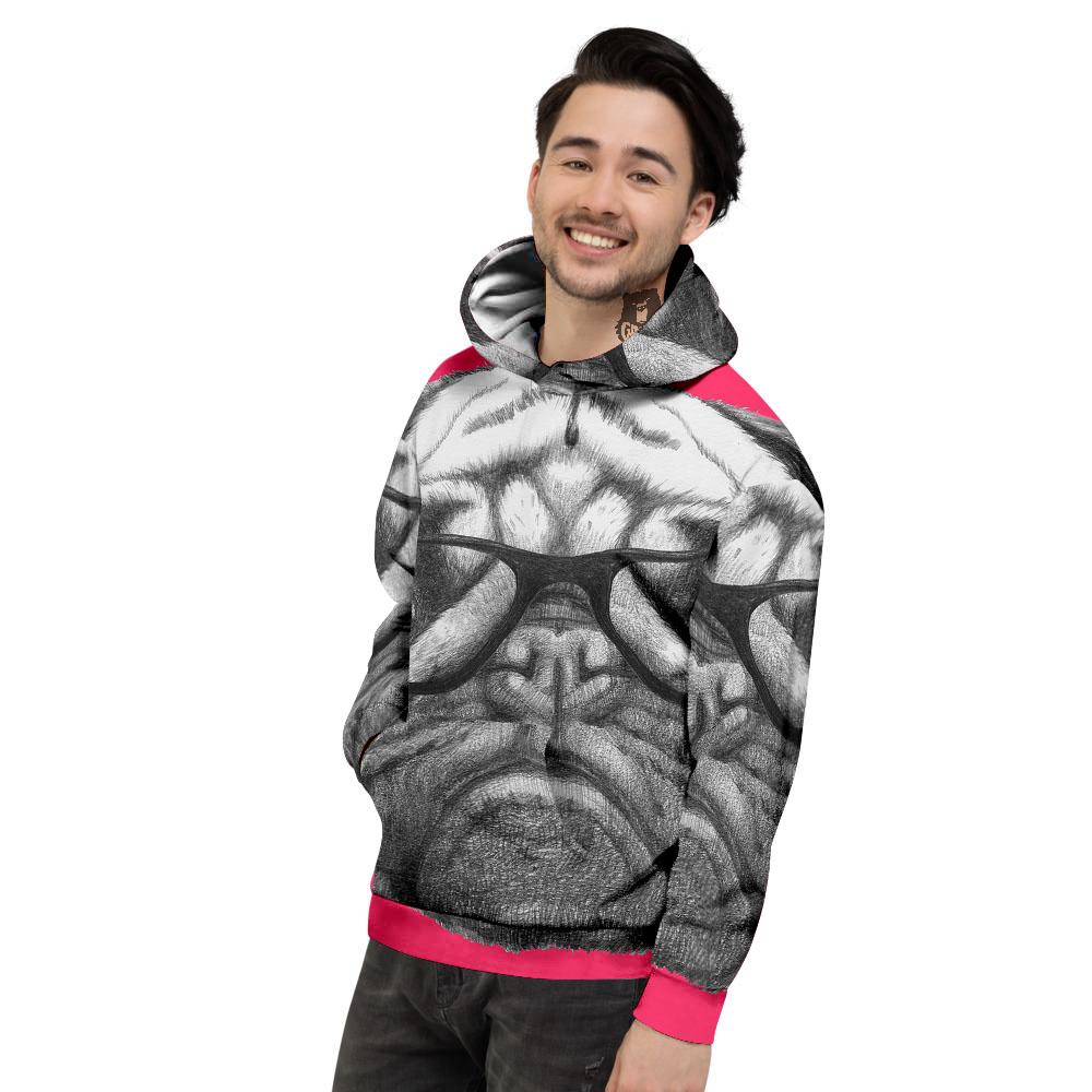 Glasses Pug Portrait Print Men's Hoodie-grizzshop