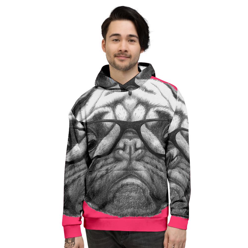 Glasses Pug Portrait Print Men's Hoodie-grizzshop